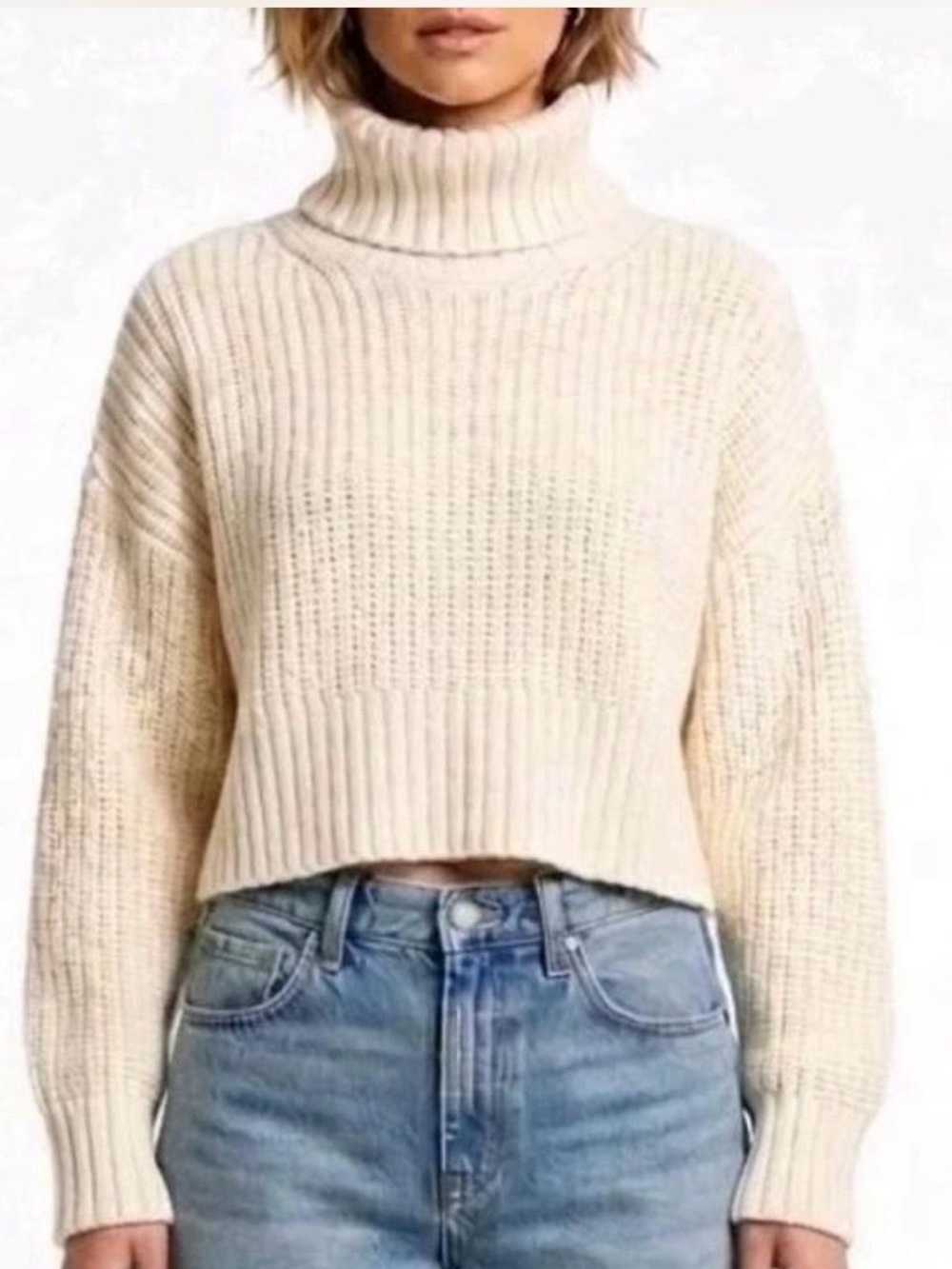 Madewell Cream Ribbed Cropped Turtleneck Sweater
